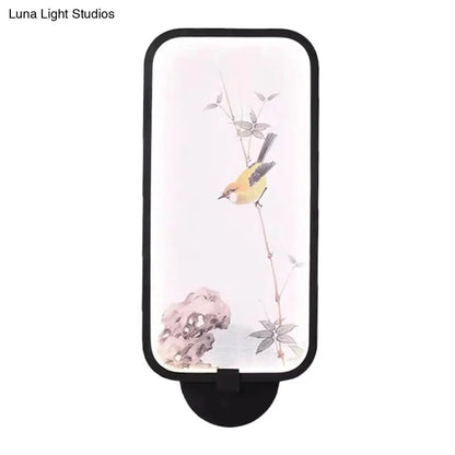 Lámpara LED mural de pared acrílica de estilo chino: rectangular, negra, para montaje en pared con diseño de pájaro