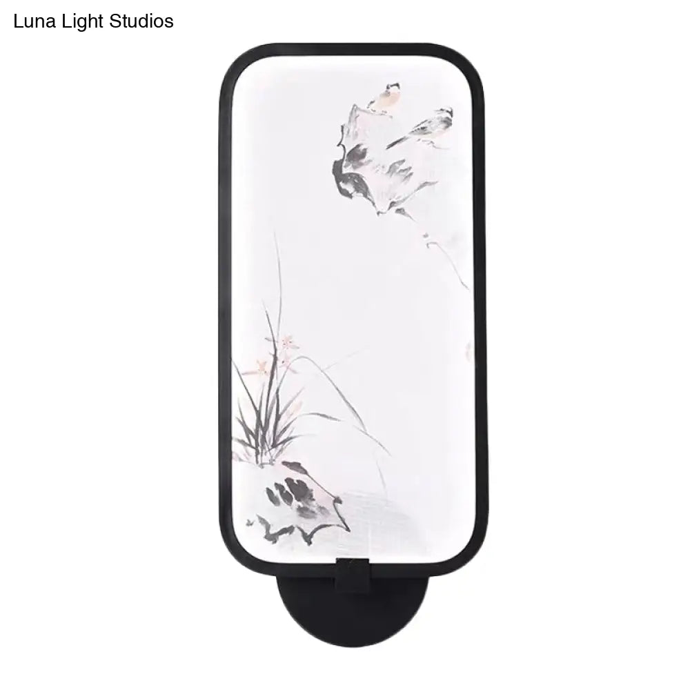 Lámpara LED mural de pared acrílica de estilo chino: rectangular, negra, para montaje en pared con diseño de pájaro