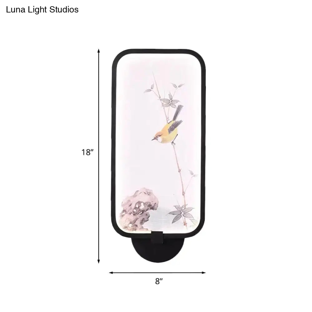 Lámpara LED mural de pared acrílica de estilo chino: rectangular, negra, para montaje en pared con diseño de pájaro