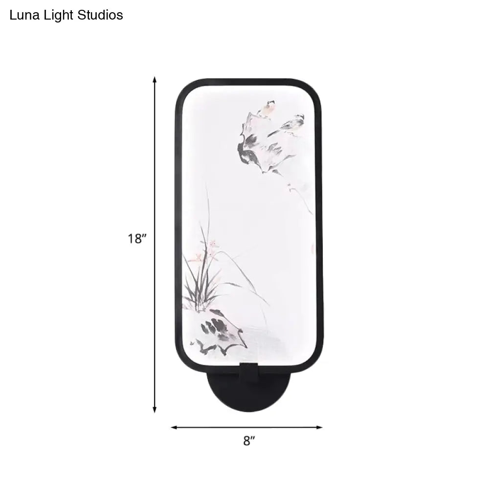 Lámpara LED mural de pared acrílica de estilo chino: rectangular, negra, para montaje en pared con diseño de pájaro