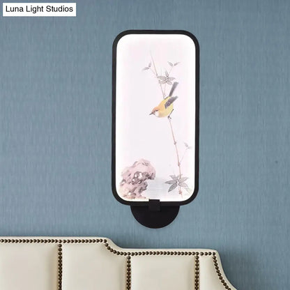 Lámpara LED mural de pared acrílica de estilo chino: rectangular, negra, para montaje en pared con diseño de pájaro
