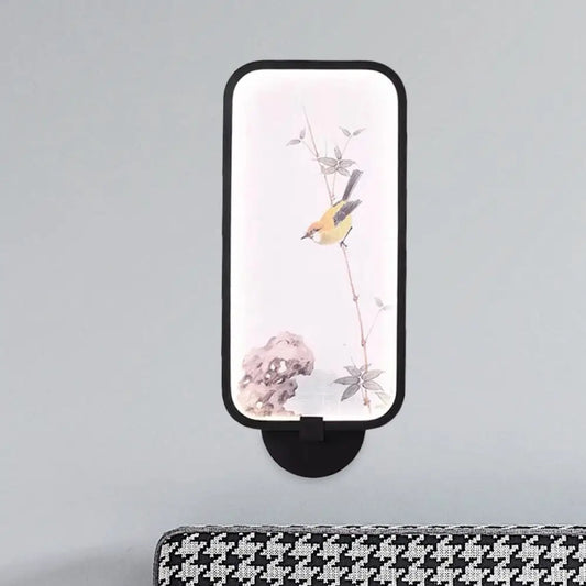 Chinese Style Acrylic Wall Mural LED Lamp: Rectangle, Black, Wall-mounted with Bird Pattern