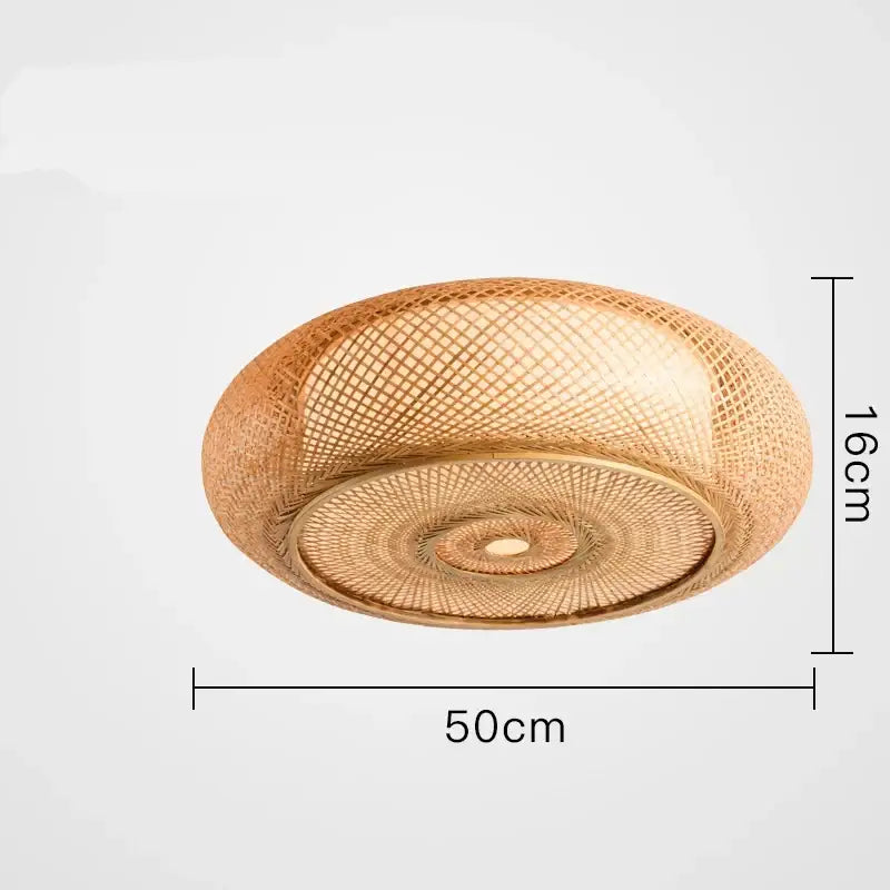Chinese style bamboo wicker rattan round ceiling light with a warm golden hue and intricate lattice design for living room