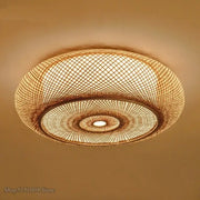 Warm-toned Chinese style bamboo wicker rattan round ceiling light with woven lattice design for living room
