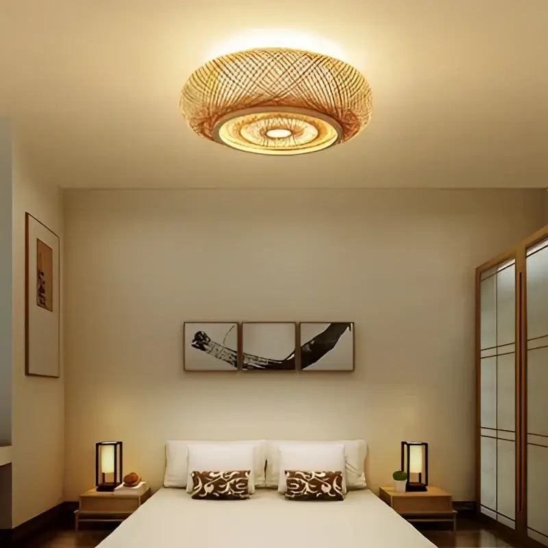 Warm circular ceiling light made of natural bamboo wicker rattan with a glowing central bulb for living room use