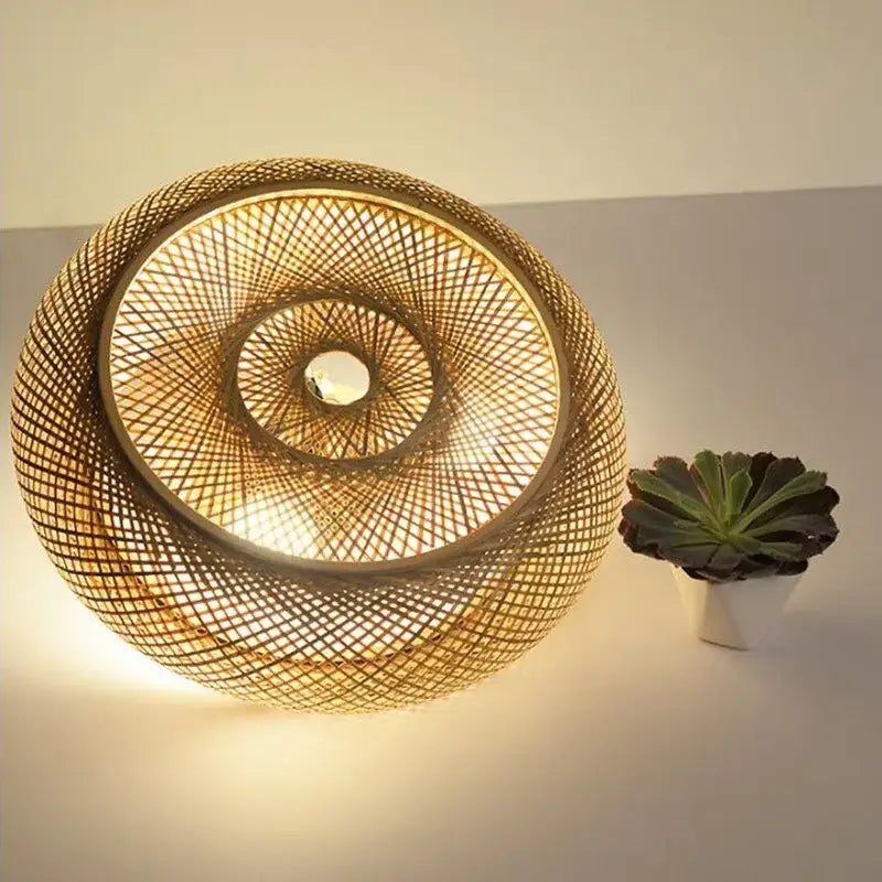 Golden woven bamboo wicker rattan round ceiling light with spiral design for living room lighting