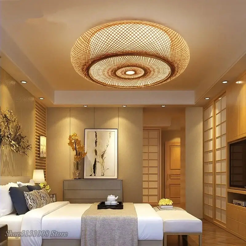 Chinese style bamboo wicker rattan round ceiling light with warm glow and woven concentric ring design for living room