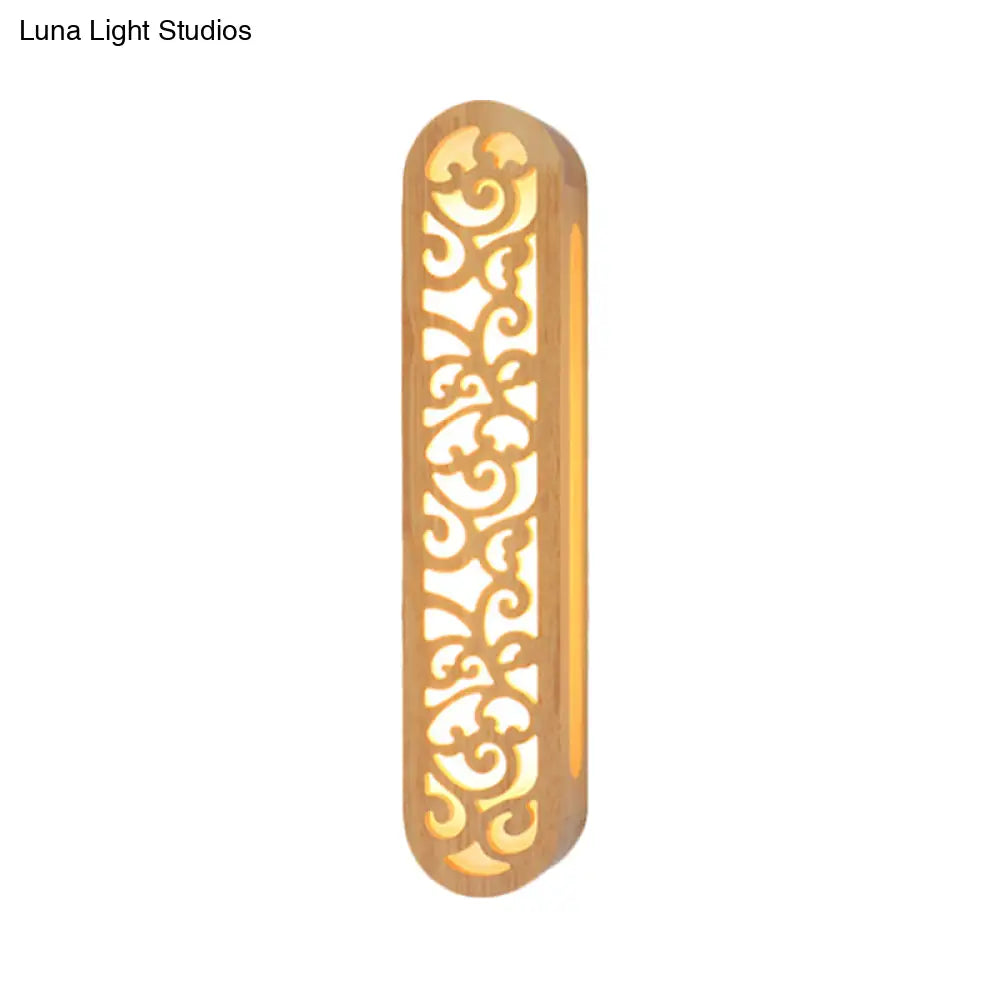 DecorBites™ Chinese Style Beige LED Flush Wall Sconce with Carved Wood Shade