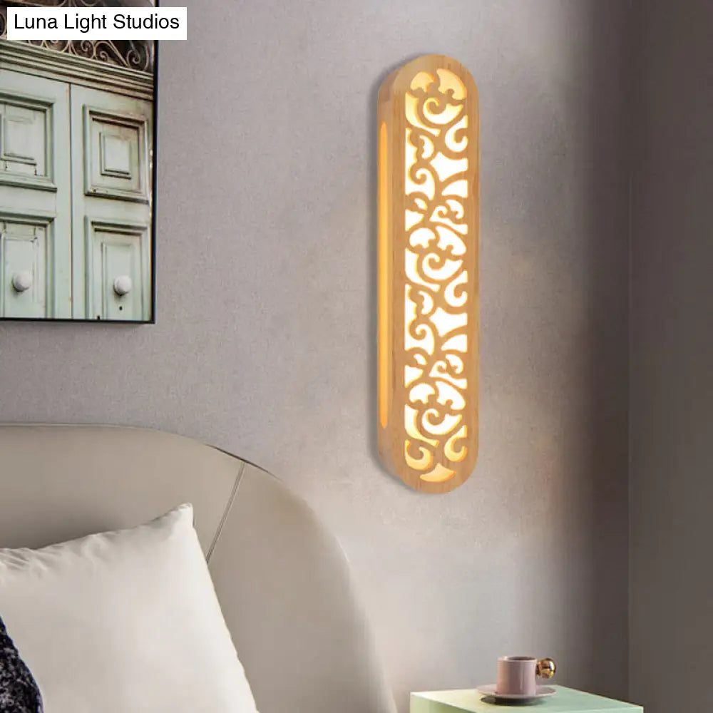 DecorBites™ Chinese Style Beige LED Flush Wall Sconce with Carved Wood Shade