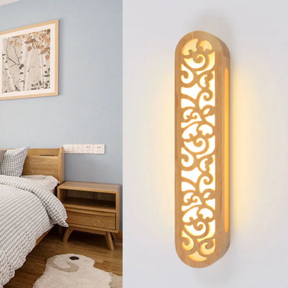 DecorBites™ Chinese Style Beige LED Flush Wall Sconce with Carved Wood Shade