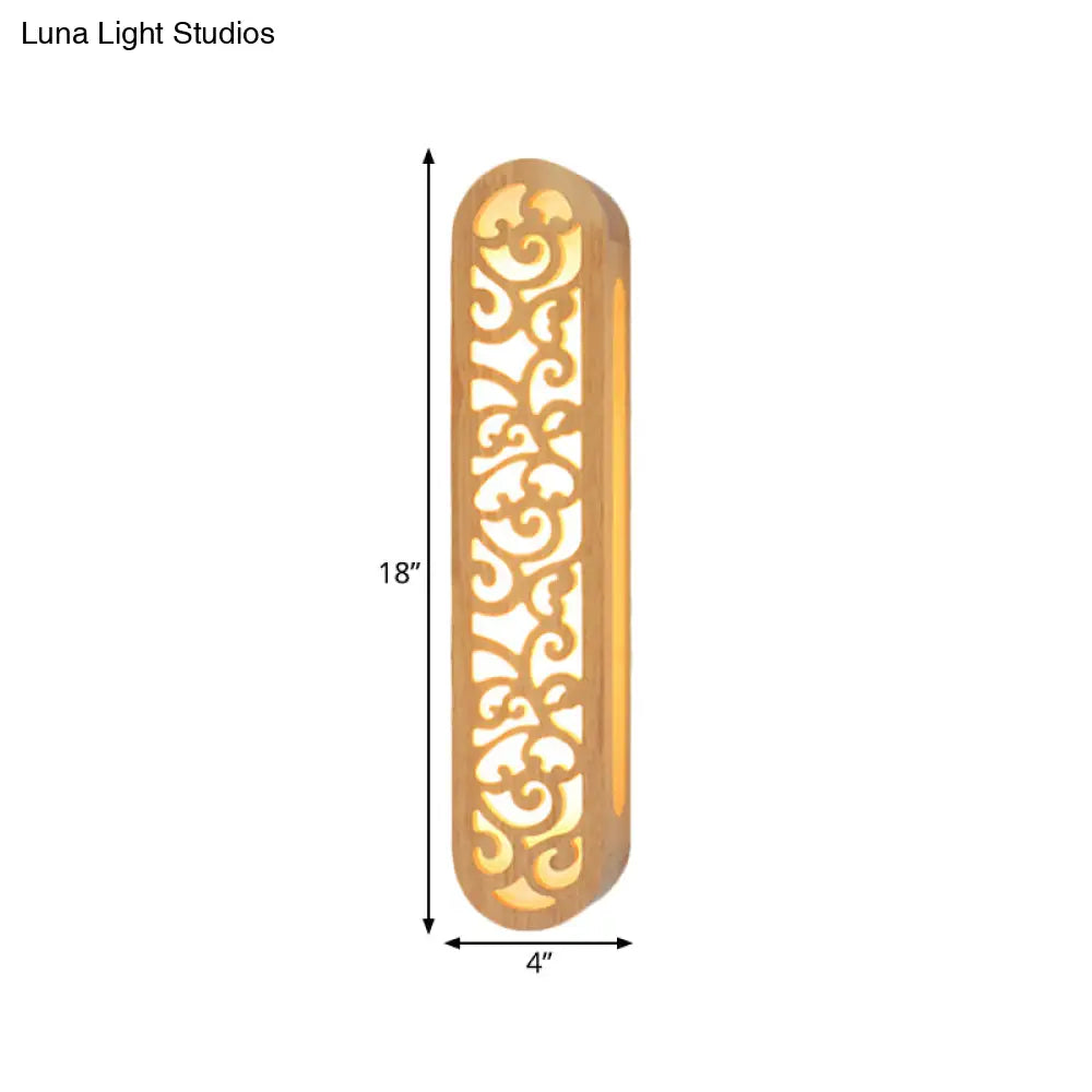 DecorBites™ Chinese Style Beige LED Flush Wall Sconce with Carved Wood Shade
