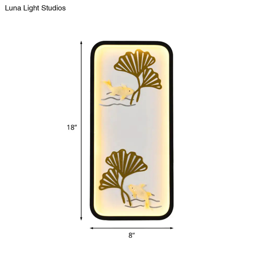 Chinese Style Black Ginkgo LED Wall Lamp with Metal Shade - Bedroom Wall Mounted Lighting