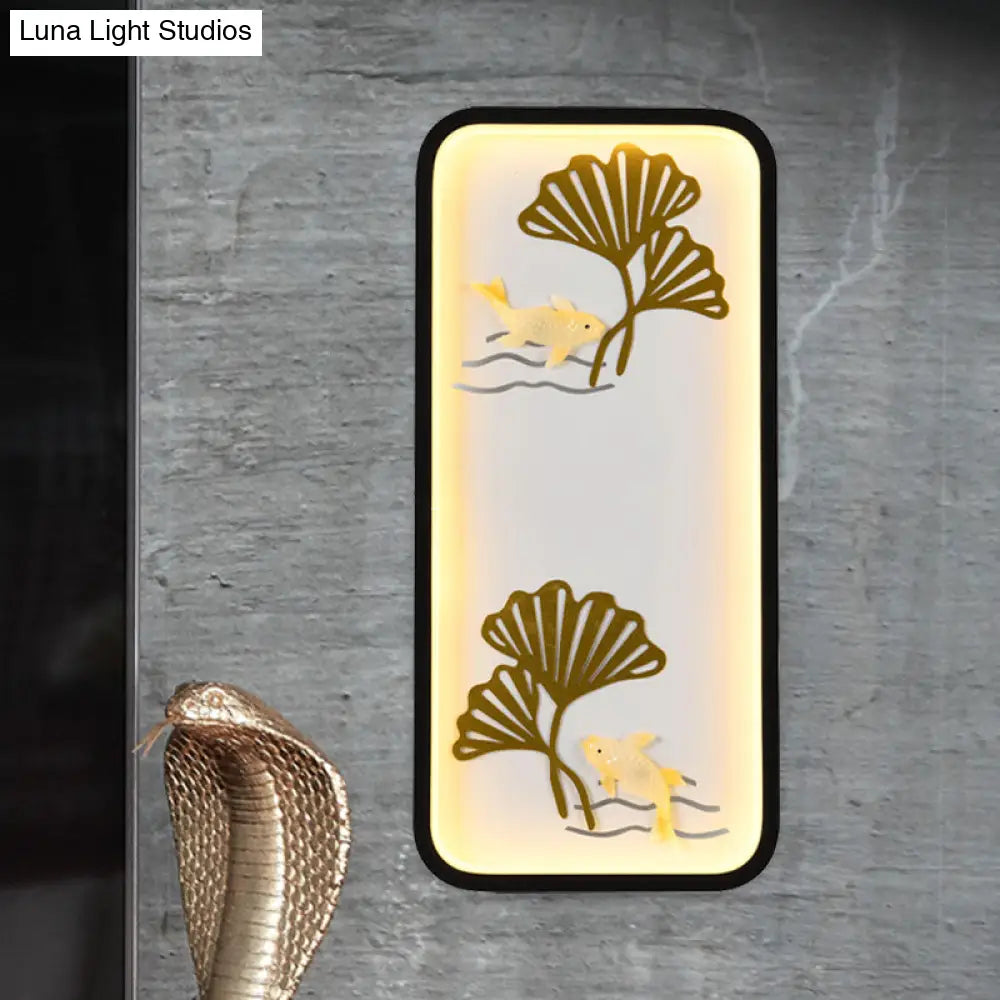 Chinese Style Black Ginkgo LED Wall Lamp with Metal Shade - Bedroom Wall Mounted Lighting