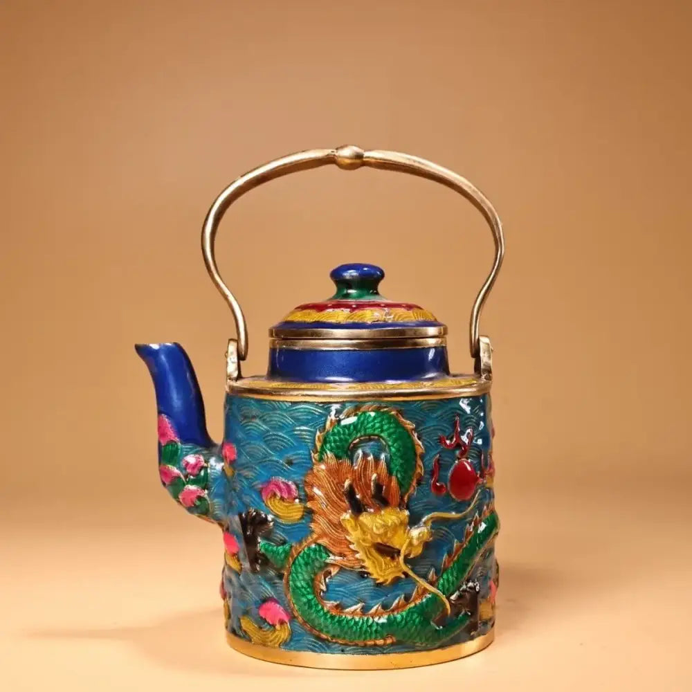 A vibrant blue enamel pan teapot with gold dragon and pink lotus design silver handle for decorbites dragon cloisonné