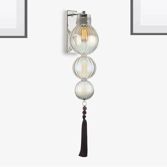 DecorBites™ DecorBites™ Chinese Style Brass/Chrome Sphere Sconce Light - Clear/Amber/Light Blue Glass Wall Mount Lamp with Tassel Knot