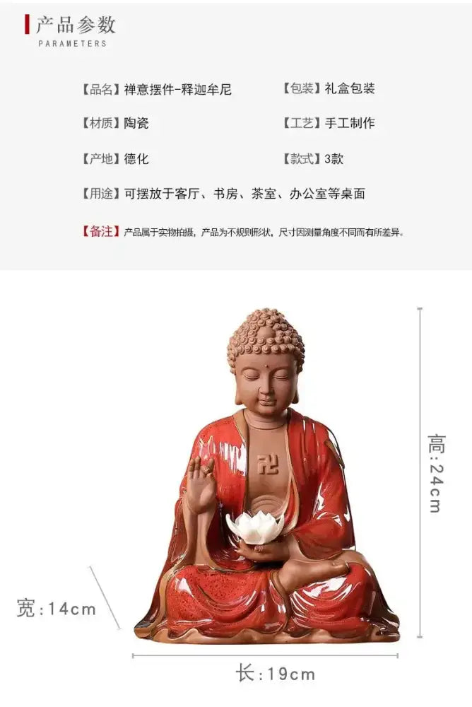 A serene red ceramic sakyamuni buddha statue with intricate detailing holding a white lotus flower for living room decor
