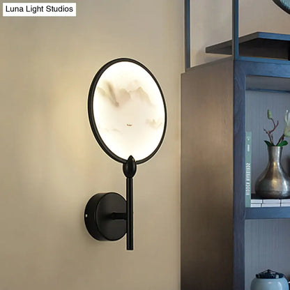 Chinese Style Circular Mountain LED Bedroom Sconce Light in Black