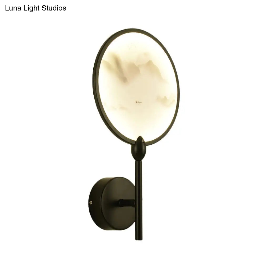 Chinese Style Circular Mountain LED Bedroom Sconce Light in Black