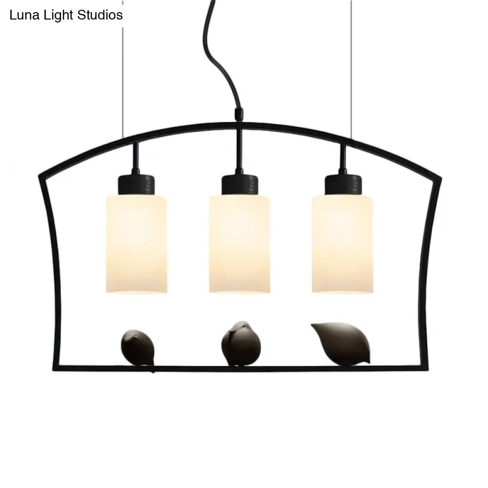 DecorBites™ Chinese Style Cylinder Island Light Fixture - 3-Bulb White Glass Ceiling Lamp with Bird Decor in Black