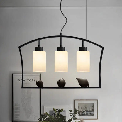 DecorBites™ Chinese Style Cylinder Island Light Fixture - 3-Bulb White Glass Ceiling Lamp with Bird Decor in Black