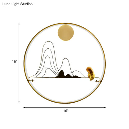 Chinese Style Fabric Gold LED Sconce Light - Mountain and Monk Mural Wall Lamp
