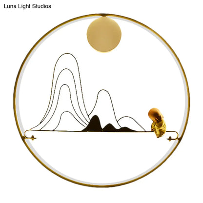Chinese Style Fabric Gold LED Sconce Light - Mountain and Monk Mural Wall Lamp