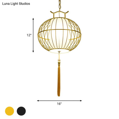 Chinese Style Hanging Pendant Light with Bamboo Shade - Black/Gold Lantern Ceiling Light - Indoor Use - 16"/21.5" W