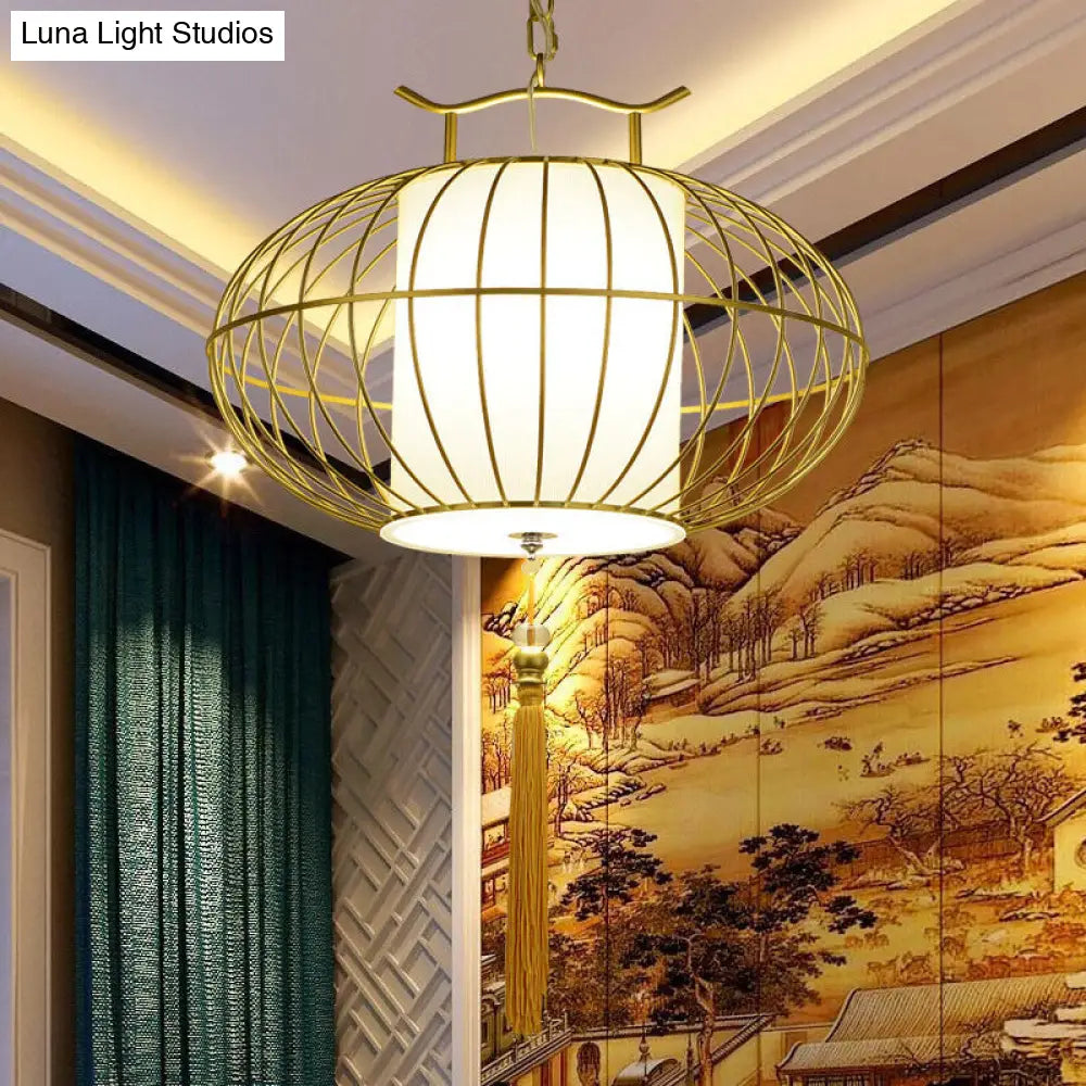 Chinese Style Hanging Pendant Light with Bamboo Shade - Black/Gold Lantern Ceiling Light - Indoor Use - 16"/21.5" W