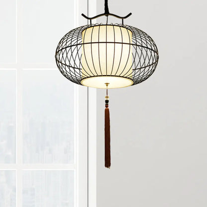 Chinese Style Hanging Pendant Light with Bamboo Shade - Black/Gold Lantern Ceiling Light - Indoor Use - 16"/21.5" W