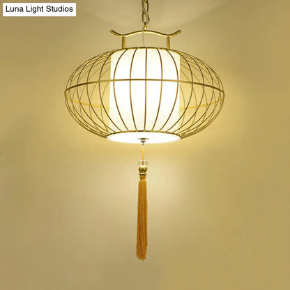 Chinese Style Hanging Pendant Light with Bamboo Shade - Black/Gold Lantern Ceiling Light - Indoor Use - 16"/21.5" W