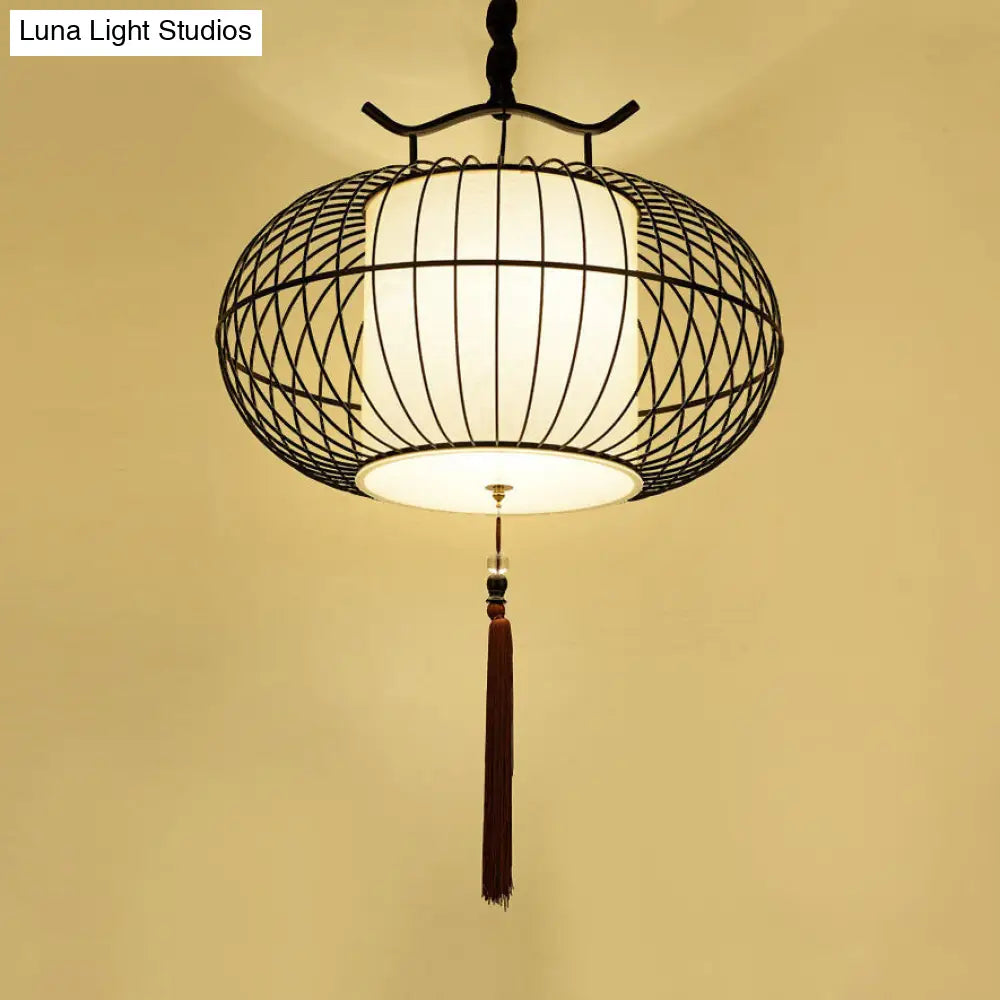 Chinese Style Hanging Pendant Light with Bamboo Shade - Black/Gold Lantern Ceiling Light - Indoor Use - 16"/21.5" W