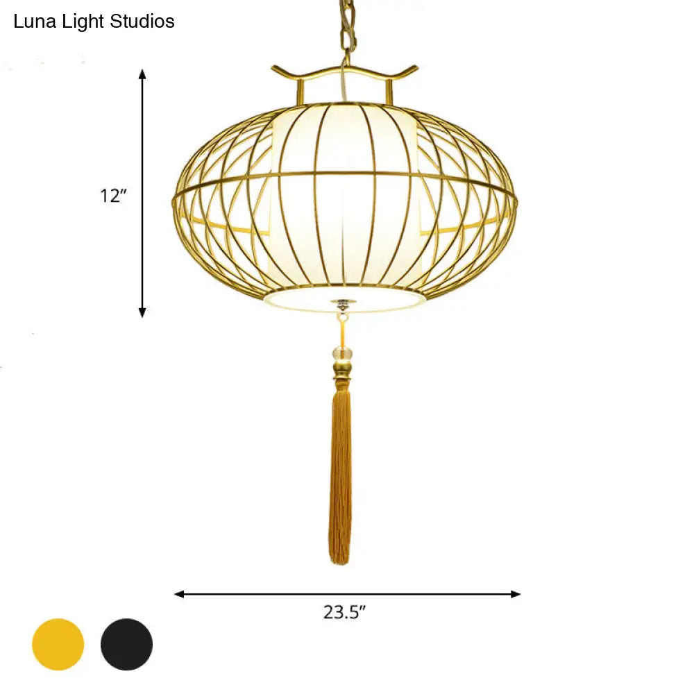 Chinese Style Hanging Pendant Light with Bamboo Shade - Black/Gold Lantern Ceiling Light - Indoor Use - 16"/21.5" W