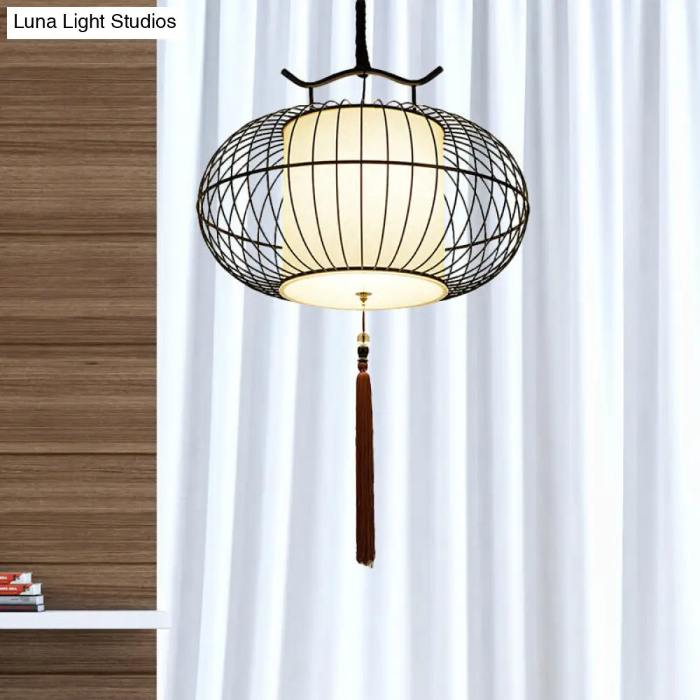 Chinese Style Hanging Pendant Light with Bamboo Shade - Black/Gold Lantern Ceiling Light - Indoor Use - 16"/21.5" W