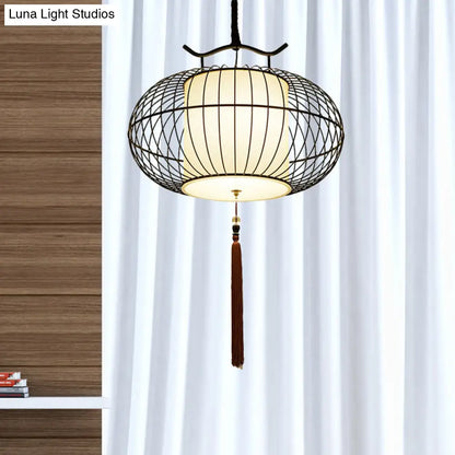 Chinese Style Hanging Pendant Light with Bamboo Shade - Black/Gold Lantern Ceiling Light - Indoor Use - 16"/21.5" W