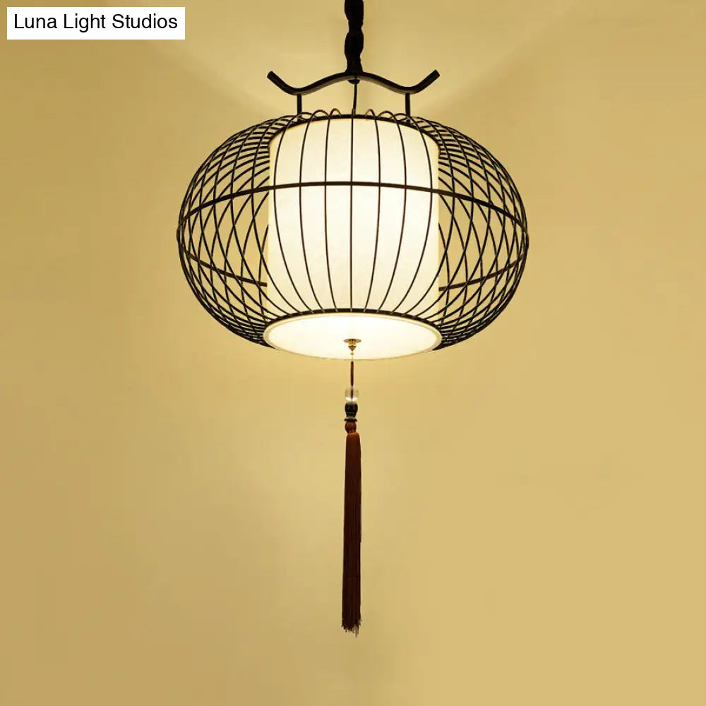 Chinese Style Hanging Pendant Light with Bamboo Shade - Black/Gold Lantern Ceiling Light - Indoor Use - 16"/21.5" W