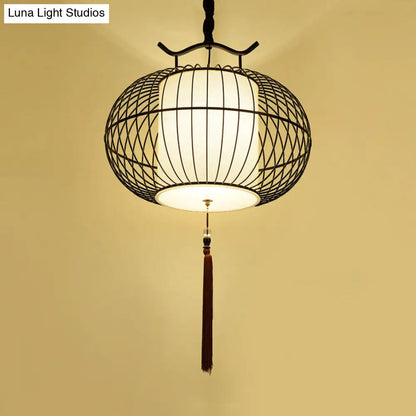 Chinese Style Hanging Pendant Light with Bamboo Shade - Black/Gold Lantern Ceiling Light - Indoor Use - 16"/21.5" W