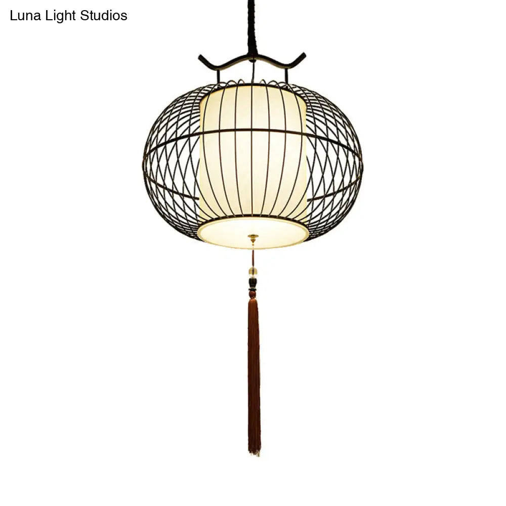 Chinese Style Hanging Pendant Light with Bamboo Shade - Black/Gold Lantern Ceiling Light - Indoor Use - 16"/21.5" W