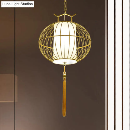 Chinese Style Hanging Pendant Light with Bamboo Shade - Black/Gold Lantern Ceiling Light - Indoor Use - 16"/21.5" W