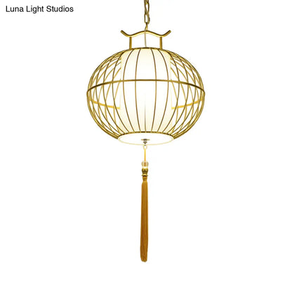 Chinese Style Hanging Pendant Light with Bamboo Shade - Black/Gold Lantern Ceiling Light - Indoor Use - 16"/21.5" W