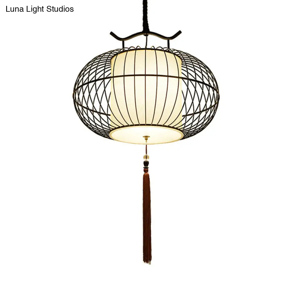 Chinese Style Hanging Pendant Light with Bamboo Shade - Black/Gold Lantern Ceiling Light - Indoor Use - 16"/21.5" W