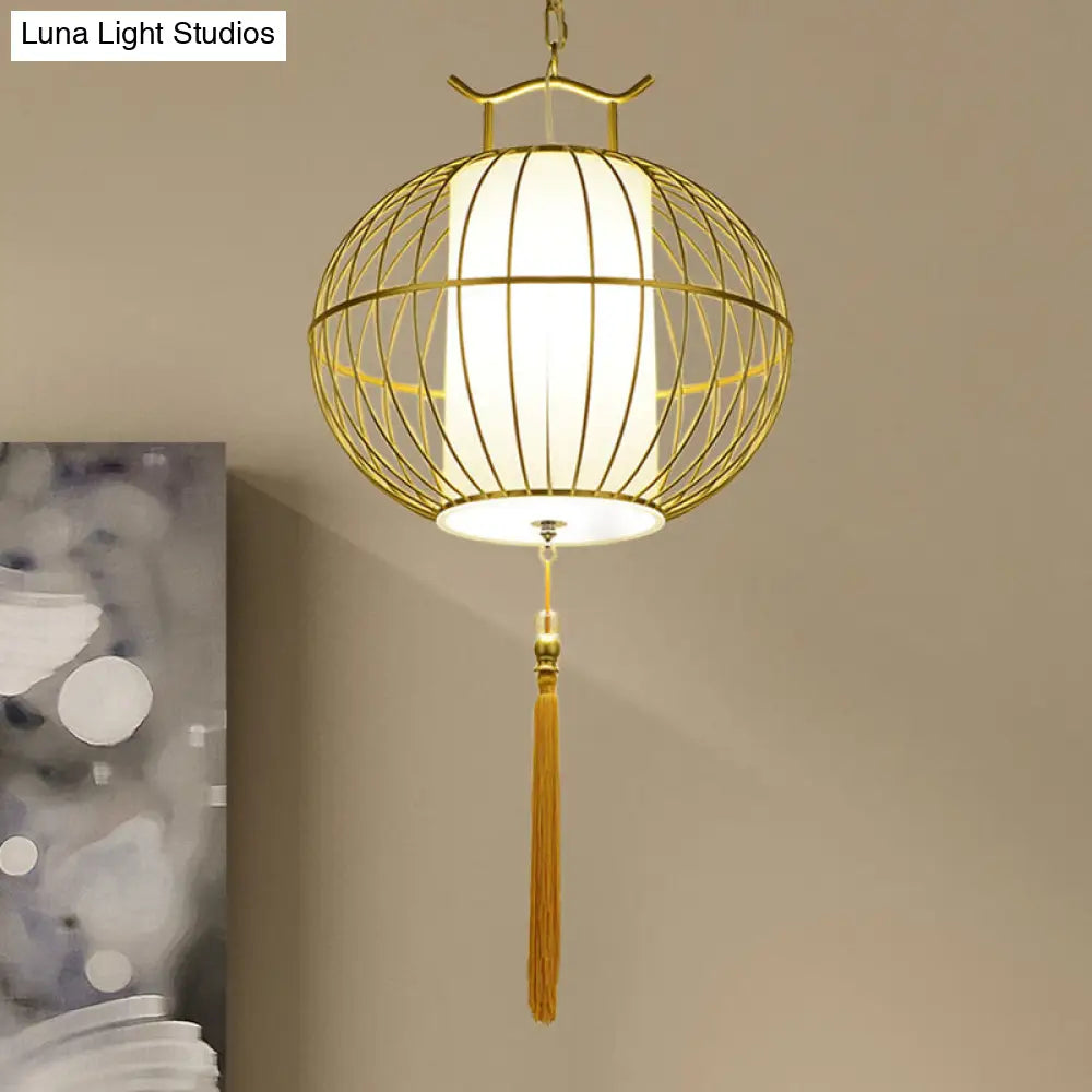 Chinese Style Hanging Pendant Light with Bamboo Shade - Black/Gold Lantern Ceiling Light - Indoor Use - 16"/21.5" W