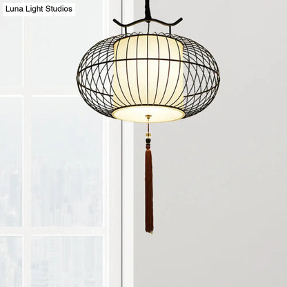 Chinese Style Hanging Pendant Light with Bamboo Shade - Black/Gold Lantern Ceiling Light - Indoor Use - 16"/21.5" W