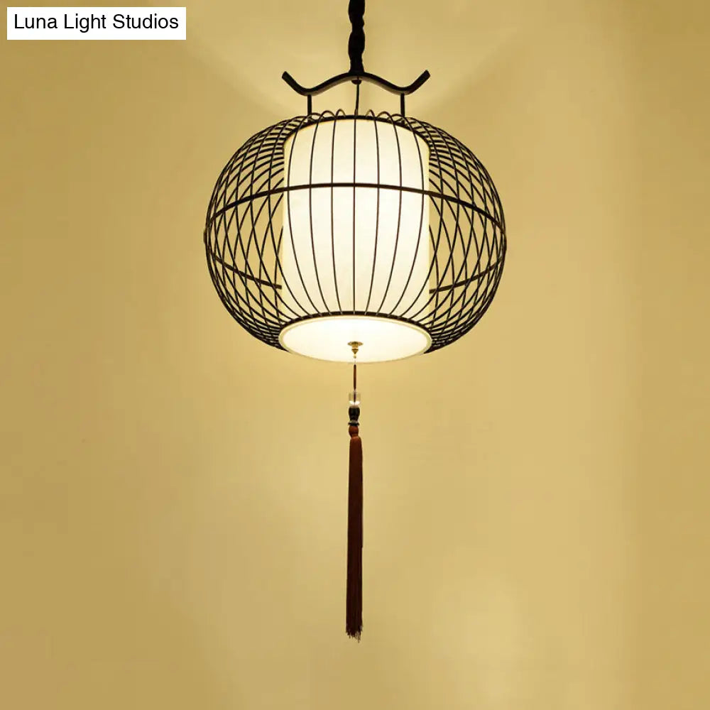 Chinese Style Hanging Pendant Light with Bamboo Shade - Black/Gold Lantern Ceiling Light - Indoor Use - 16"/21.5" W