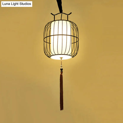 Chinese Style Indoor Pendant Lamp with Bamboo Cylinder Shade - Black/Gold Hanging Fixture