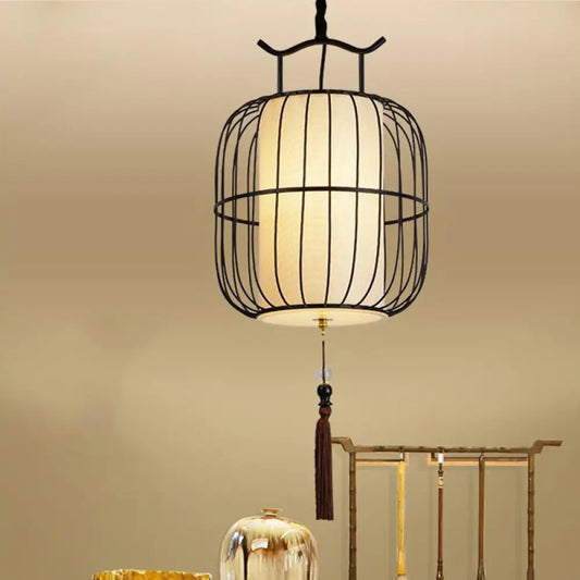 Chinese Style Indoor Pendant Lamp with Bamboo Cylinder Shade - Black/Gold Hanging Fixture