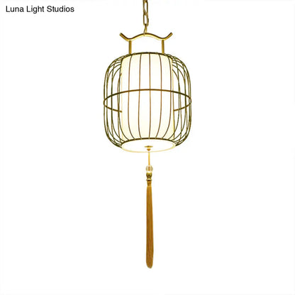 Chinese Style Indoor Pendant Lamp with Bamboo Cylinder Shade - Black/Gold Hanging Fixture