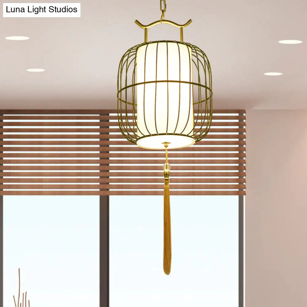 Chinese Style Indoor Pendant Lamp with Bamboo Cylinder Shade - Black/Gold Hanging Fixture