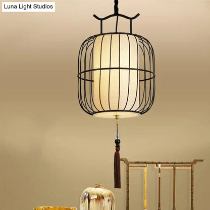 Chinese Style Indoor Pendant Lamp with Bamboo Cylinder Shade - Black/Gold Hanging Fixture