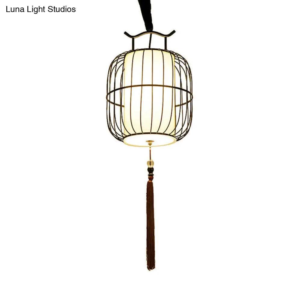 Chinese Style Indoor Pendant Lamp with Bamboo Cylinder Shade - Black/Gold Hanging Fixture