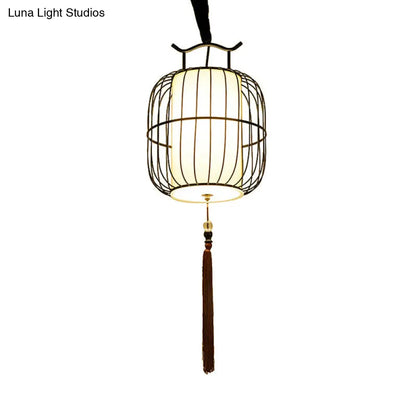 Chinese Style Indoor Pendant Lamp with Bamboo Cylinder Shade - Black/Gold Hanging Fixture